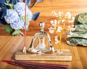 Preview: Meditationsaltar Buddha silber, Bergkristallkristallbäumchen, Messingtropfen - Räucherstäbchenhalter Berk