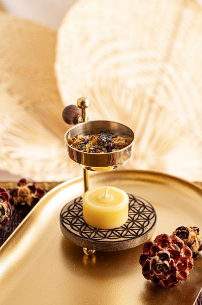 Blume des Lebens höhenverstellbar - Siebräuchergefäß Messing & Mangoholz Berk