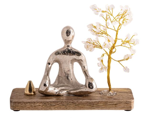 Meditationsaltar Buddha silber, Bergkristallkristallbäumchen, Messingtropfen - Räucherstäbchenhalter Berk